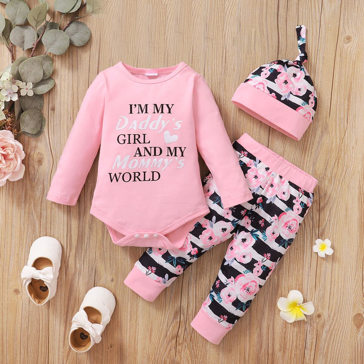 3pcs baby  long-sleeve letter and floral print set