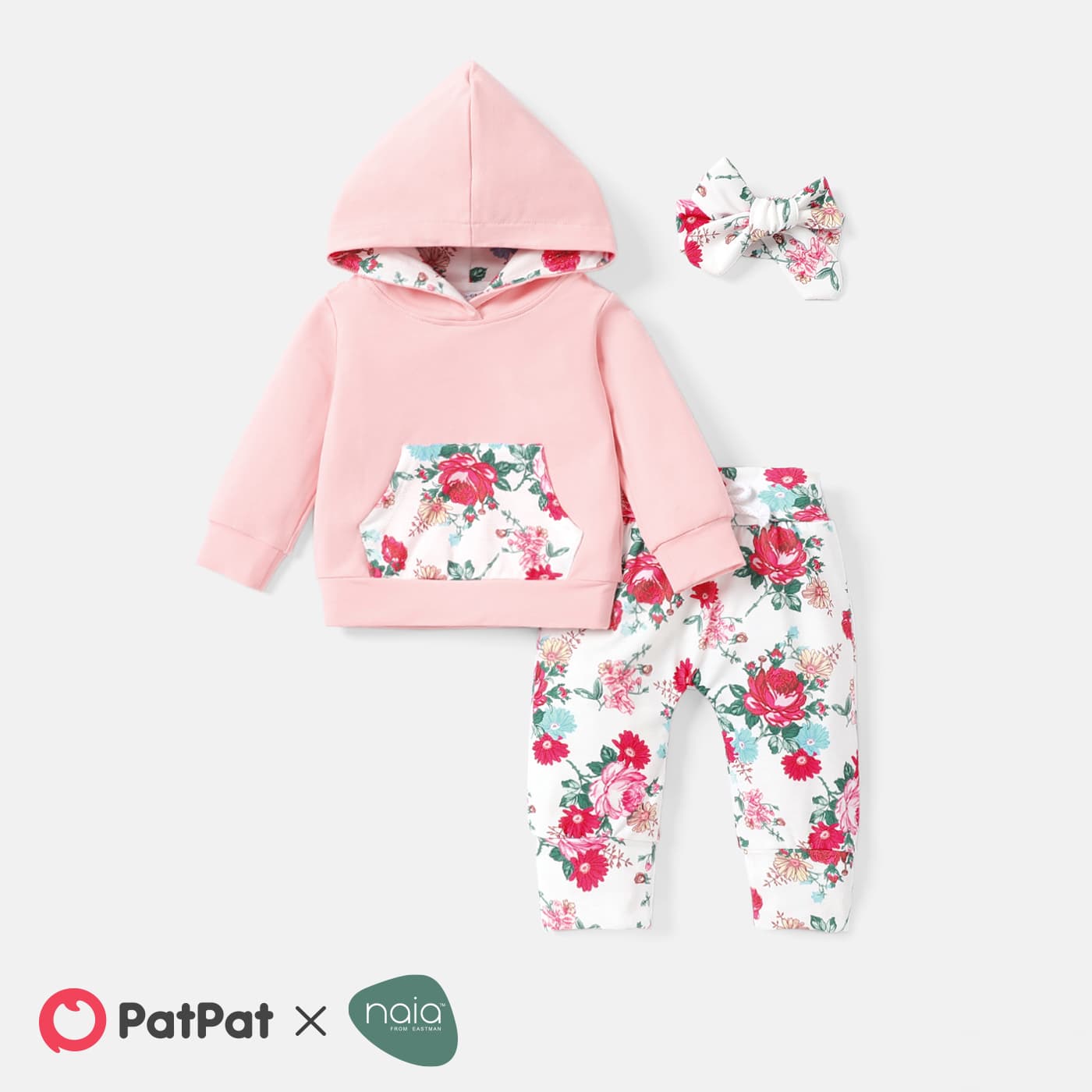 3pcs baby girl  long-sleeve hoodie and floral print set