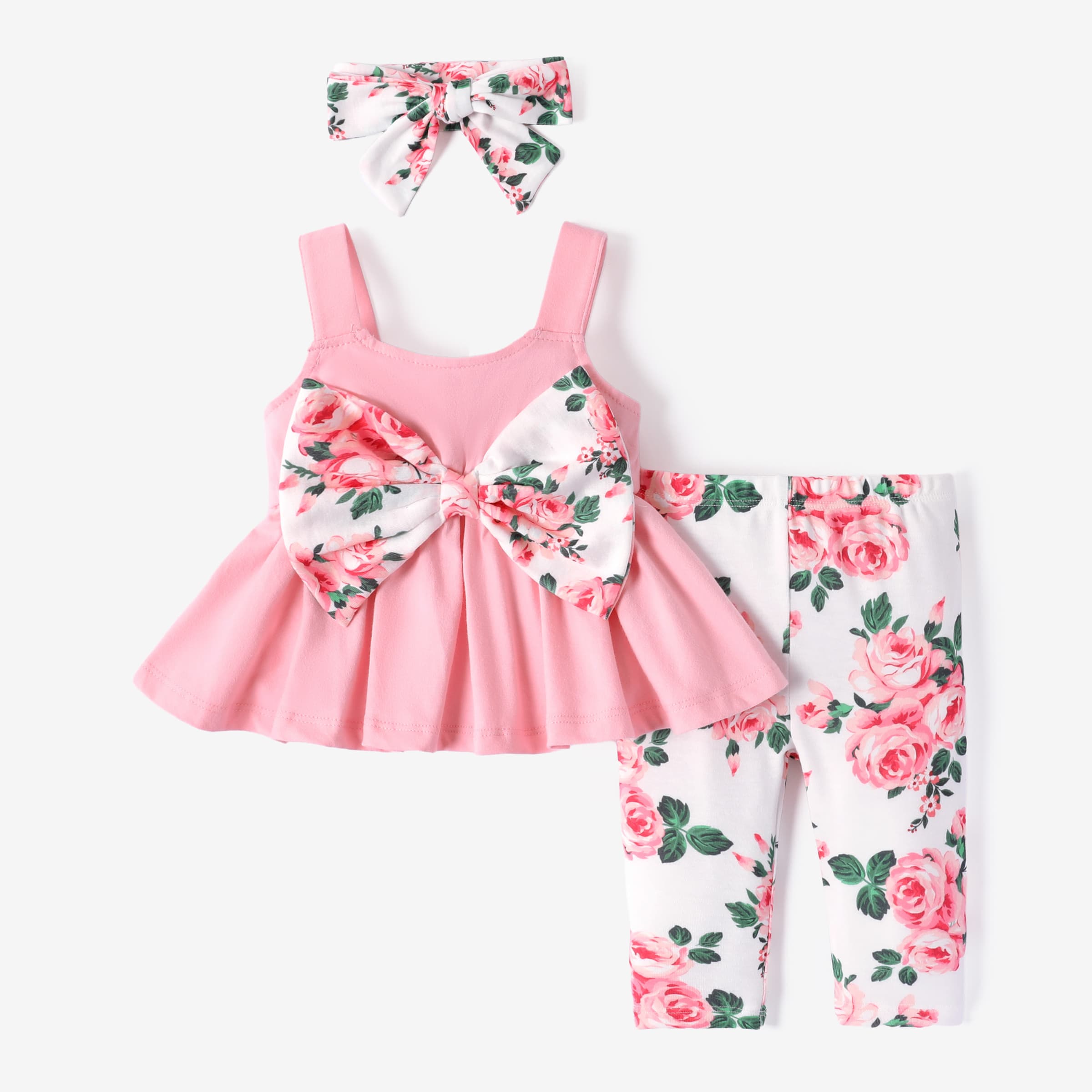 3pcs baby girl  sleeveless bow and floral print set