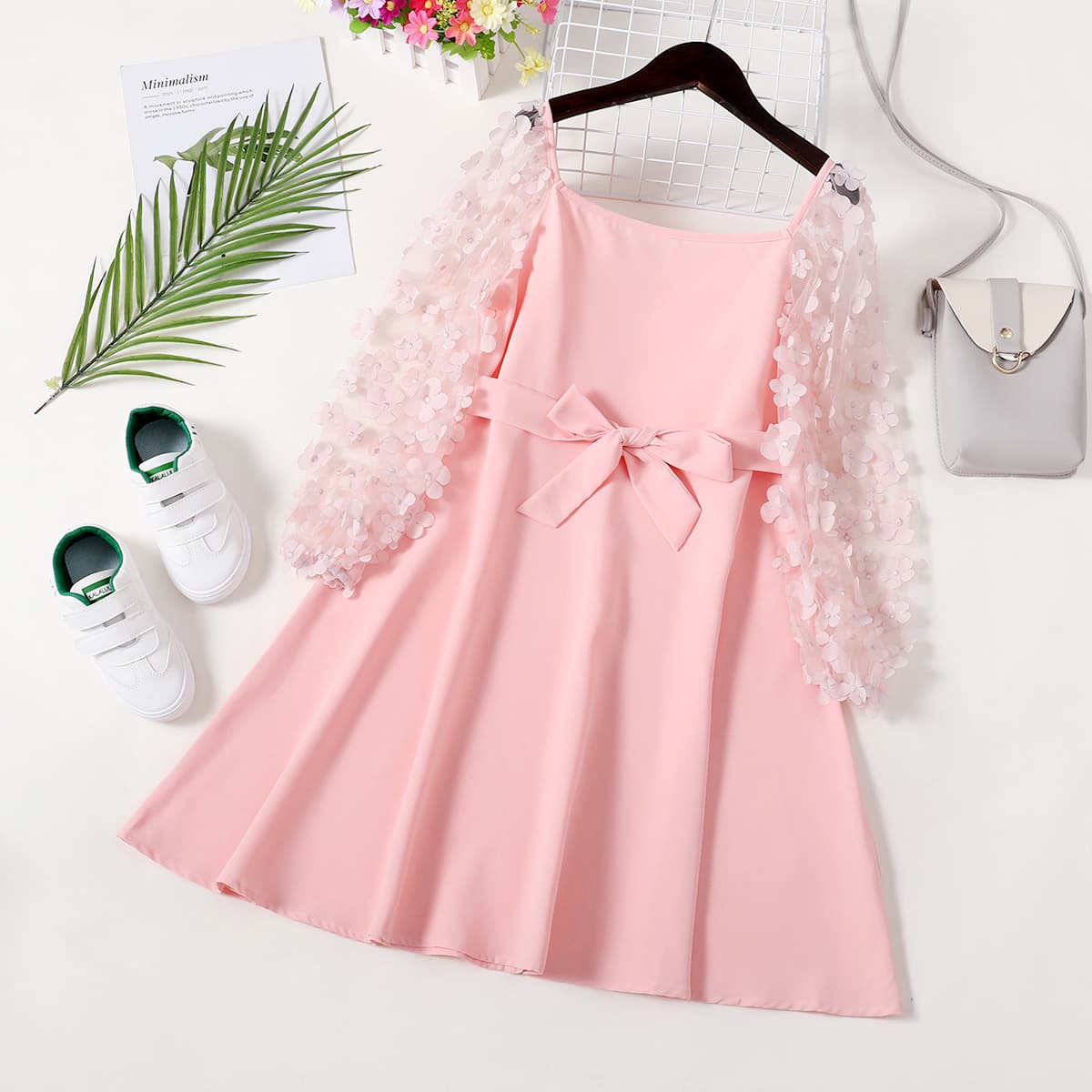 kid girl flower embroidery square neck mesh long-sleeve dress with bow belt