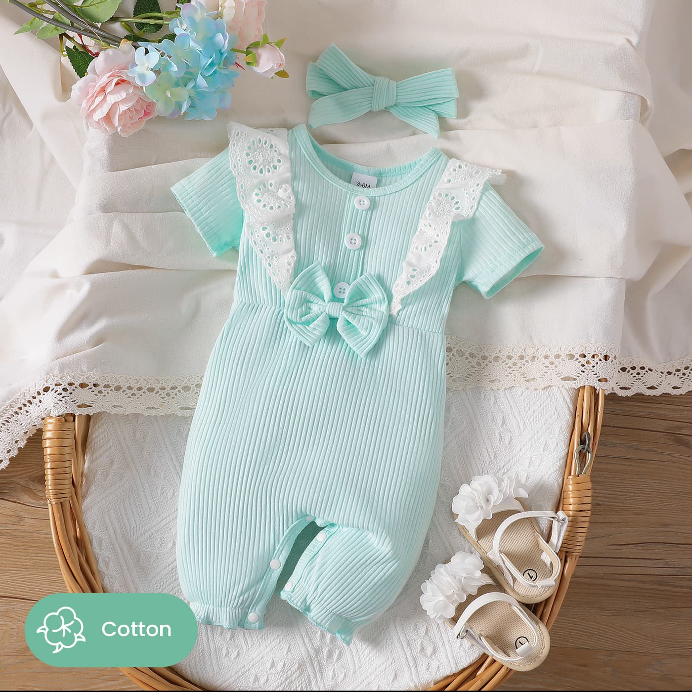2pcs baby girl ribbed green/white rabbit print long-sleeve ruffle jumpsuit set