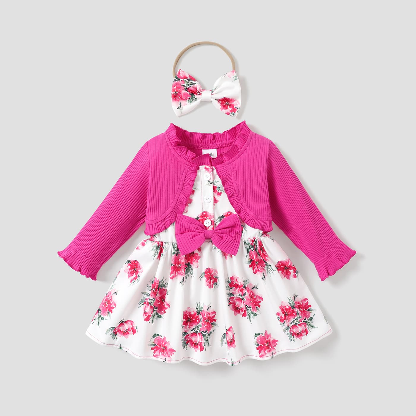 2pcs baby girl frill ribbed splicing floral print faux-two long-sleeve dress with headband set