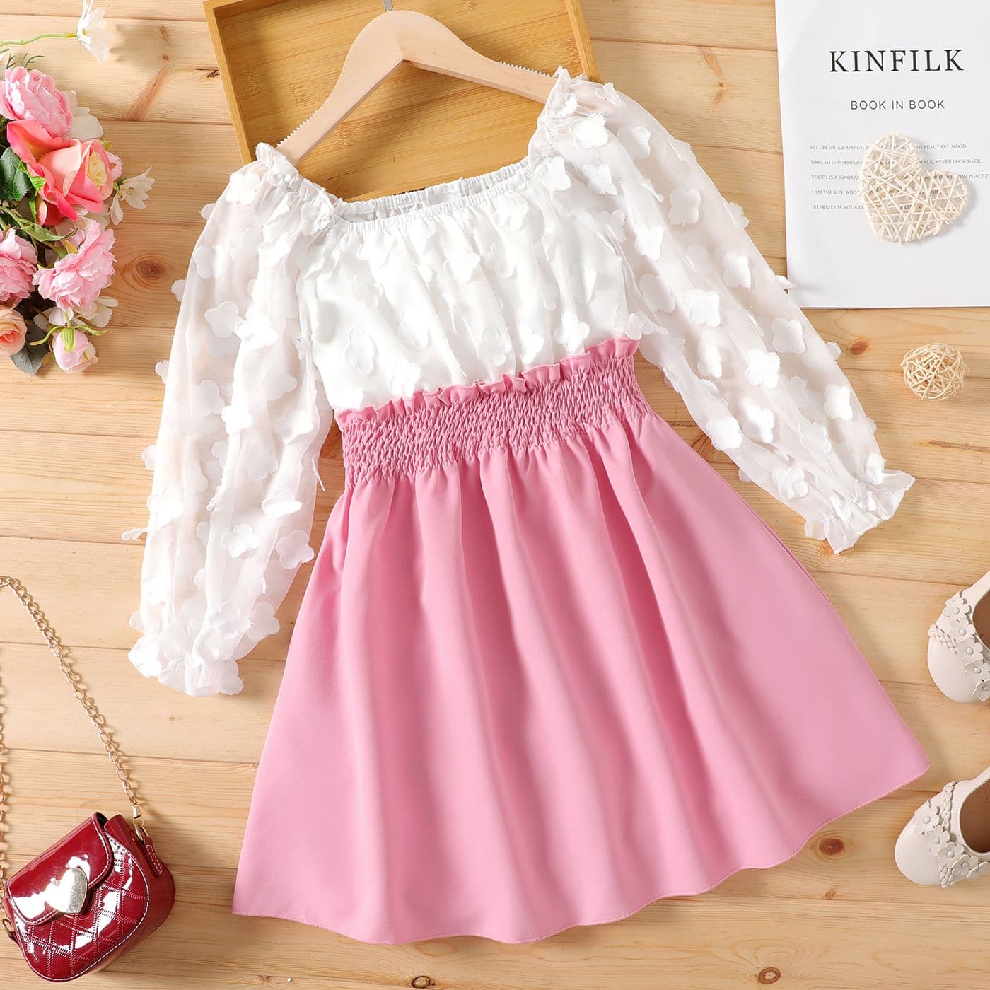 kid girl 3d floral design smocked splice square neck mesh long-sleeve dress