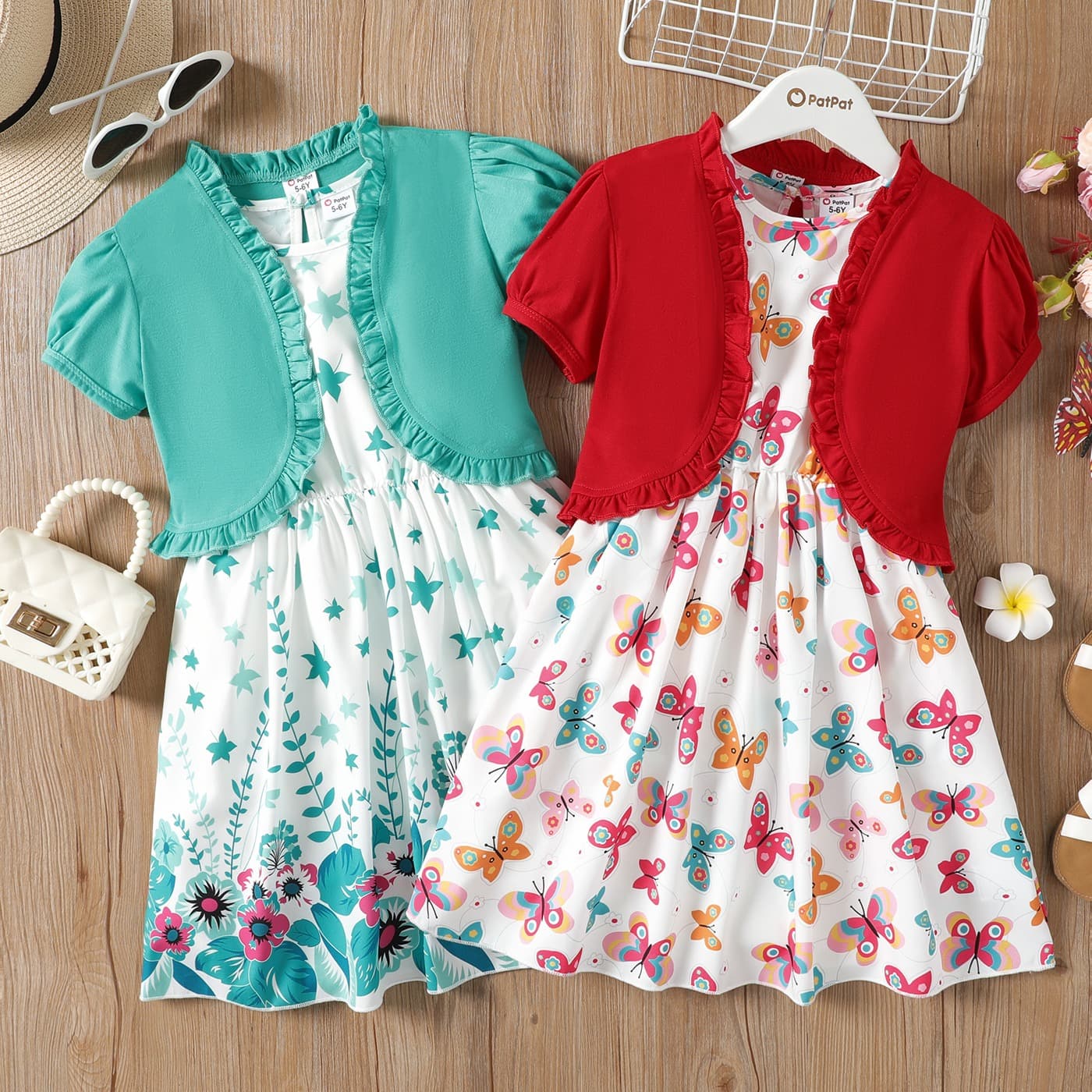 2pcs kid girl floral print sleeveless dress and bowknot design cardigan set