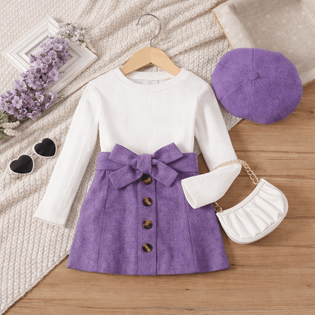 3pcs toddler girl cable knit top & belted skirt & hat set