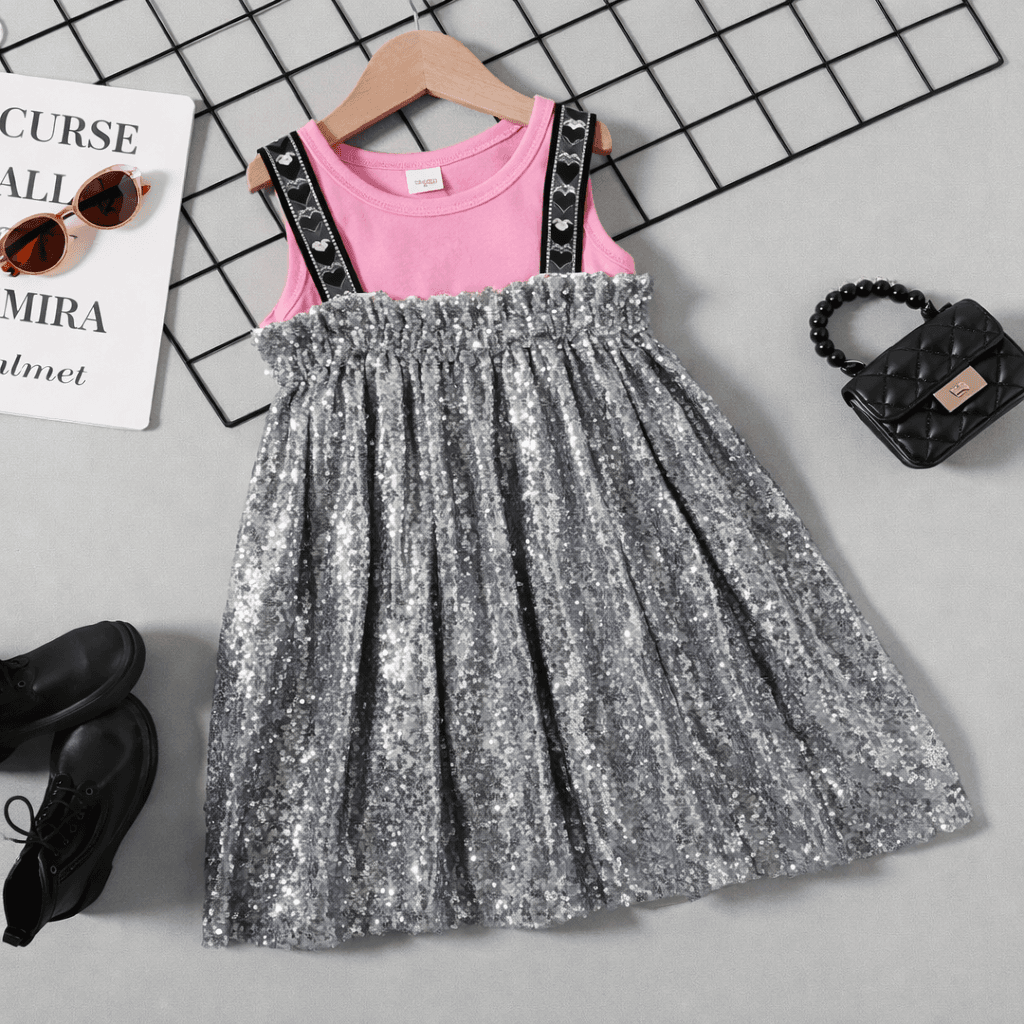 toddler/kid girl 2pcs solid tank top and sequin fabric cami dress set