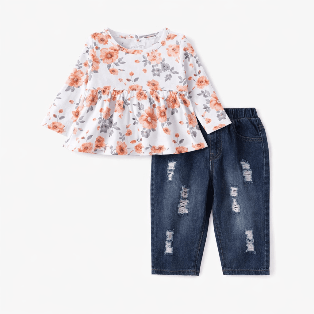 floral peplum top and denim jeans
