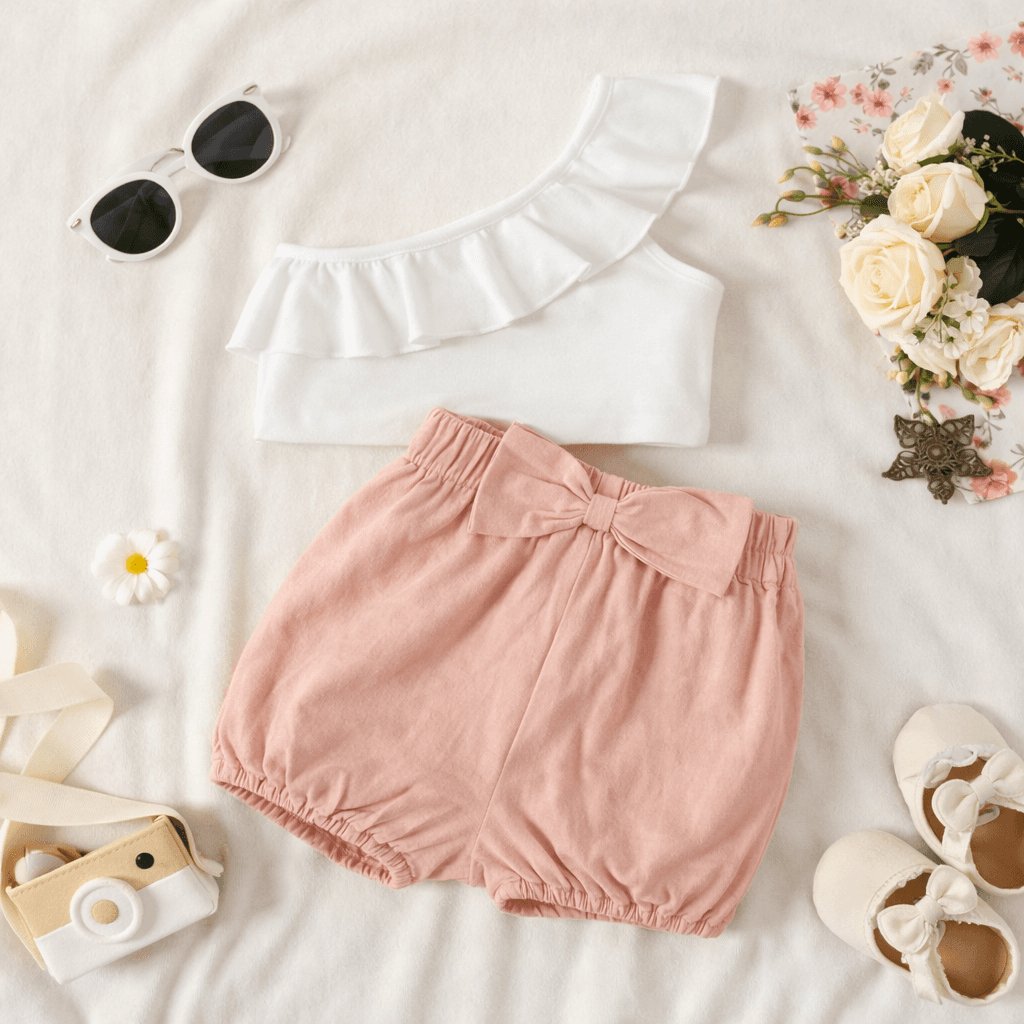 2pcs baby girl 100% cotton bow front shorts and one shoulder ruffle trim tank top set